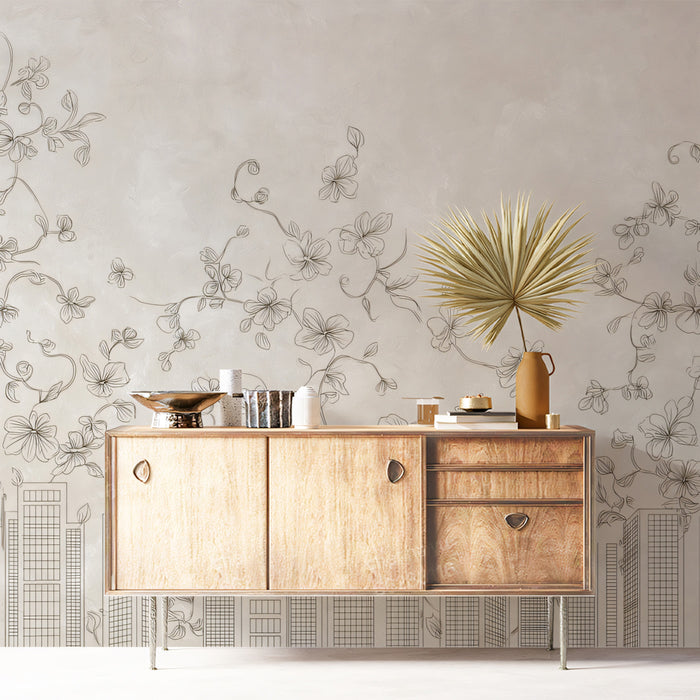 Urban Bloom Skyline Mural - Elegant Sketch Style Cityscape Decor