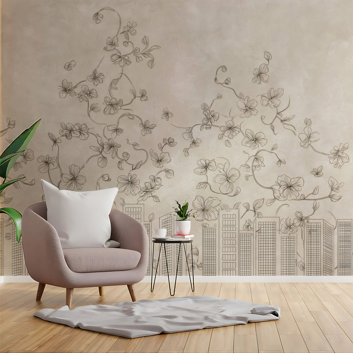 Urban Bloom Skyline Mural - Elegant Sketch Style Cityscape Decor