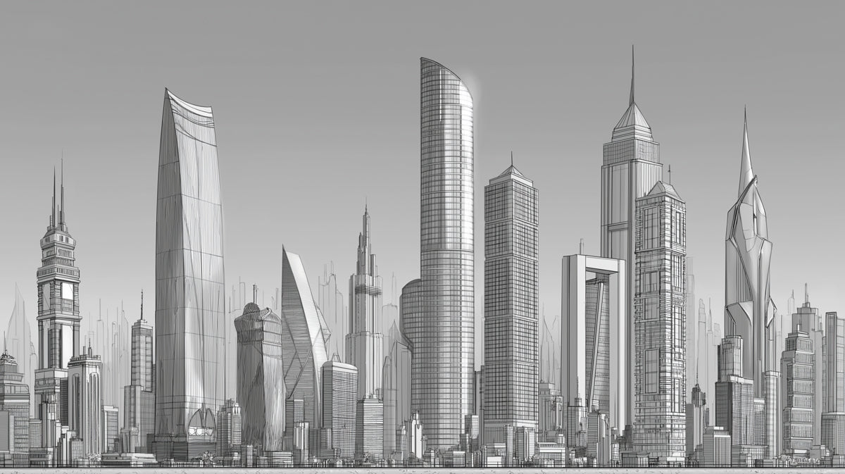 Architectural Vision Skyline Mural - Modern Technical Sketch Wall Art