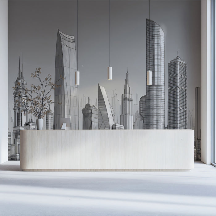 Architectural Vision Skyline Mural - Modern Technical Sketch Wall Art