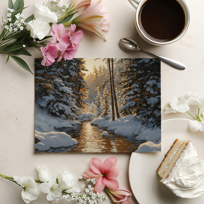 Sun-Drenched Winter Brook Mural - Textured Snow Forest Painting