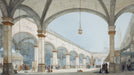 Watercolor ink-wash mural of a sprawling classical European portico with arches and figures