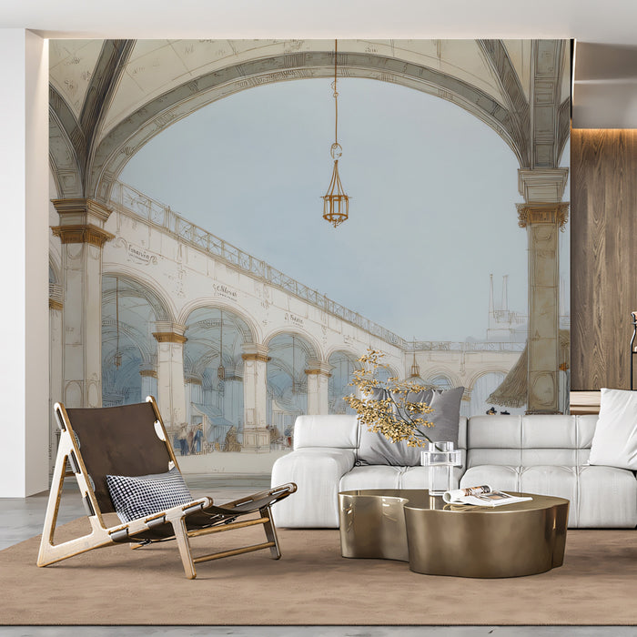 Grand portico architectural mural installed in a formal dining room with wooden furniture