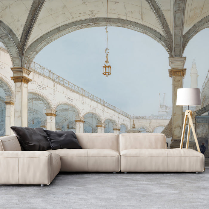 Vintage-style architectural mural accenting a sophisticated home library wall