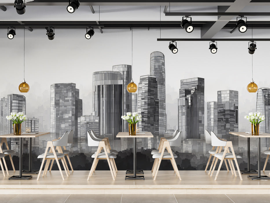 Modern Metropolis Silhouette Mural - Minimalist Gray Cityscape Art