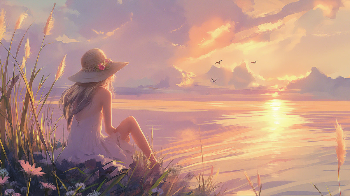 Dreamy Sunset Shore Mural - Whimsical Anime Style Seascape