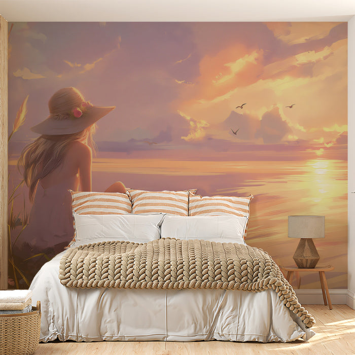 Dreamy Sunset Shore Mural - Whimsical Anime Style Seascape