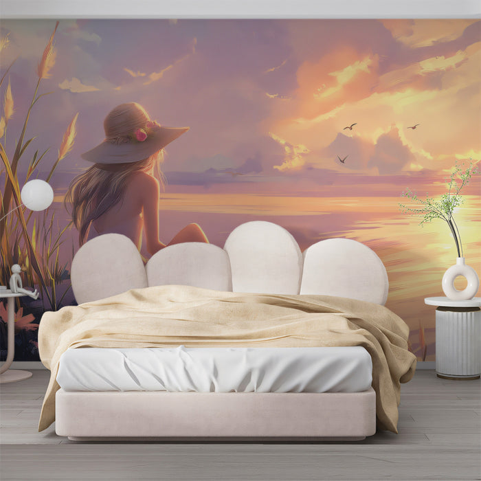 Dreamy Sunset Shore Mural - Whimsical Anime Style Seascape