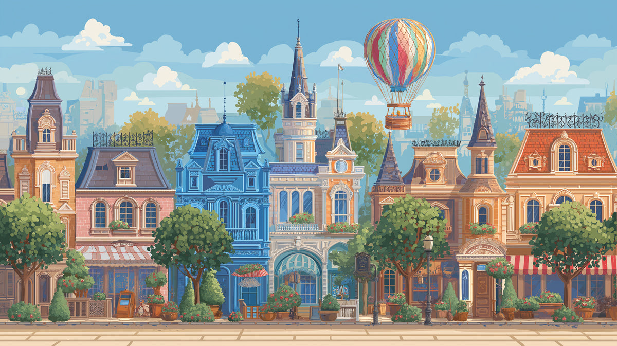 Whimsical European Town Square Mural - Colorful Storybook Cityscape