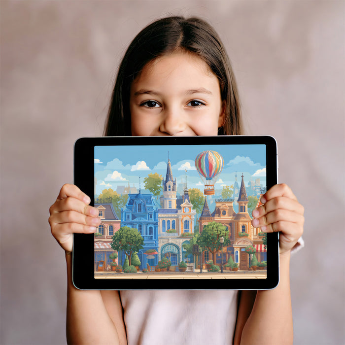 Whimsical European Town Square Mural - Colorful Storybook Cityscape