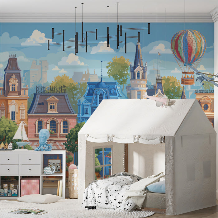 Whimsical European Town Square Mural - Colorful Storybook Cityscape