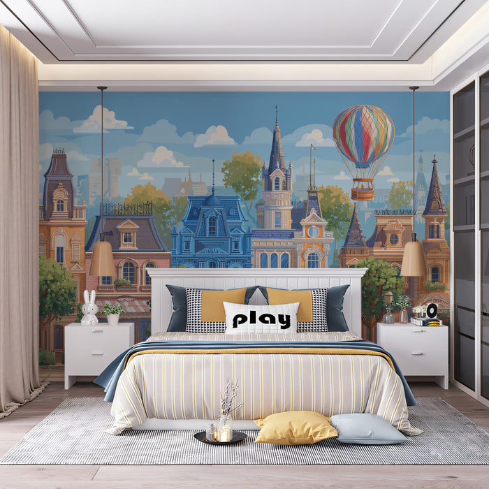 Whimsical European Town Square Mural - Colorful Storybook Cityscape