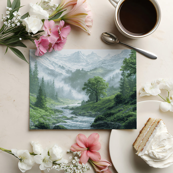 Lush Misty Alpine Valley Mural - Serene Watercolor Mountain Stream