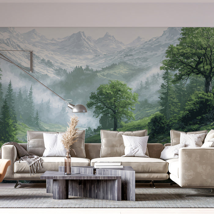 Lush Misty Alpine Valley Mural - Serene Watercolor Mountain Stream