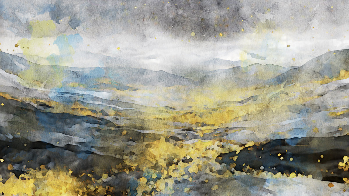 Golden Mist Mountain Mural - Abstract Watercolor Landscape Art