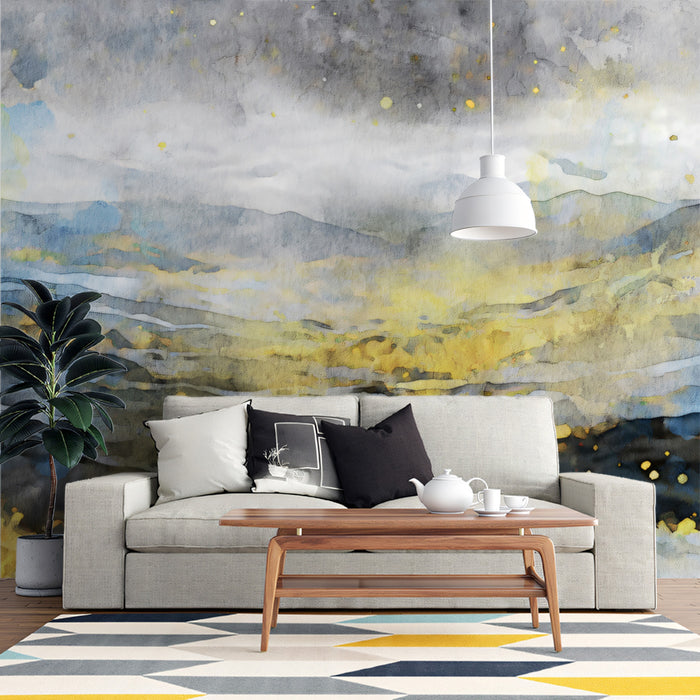 Golden Mist Mountain Mural - Abstract Watercolor Landscape Art