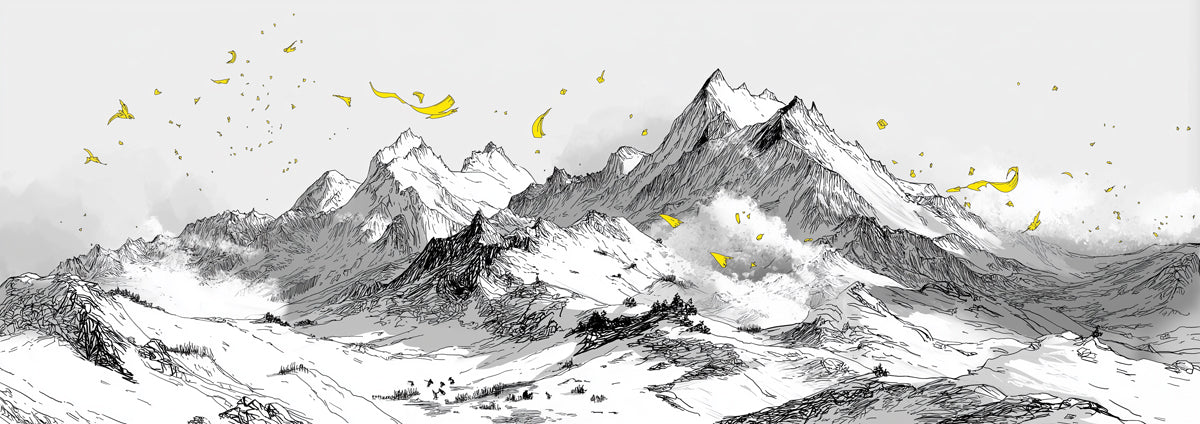 Sketch Peaks & Golden Flight Mural - Modern Minimalist Mountain Art