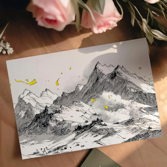 Sketch Peaks & Golden Flight Mural - Modern Minimalist Mountain Art
