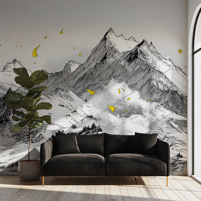Sketch Peaks & Golden Flight Mural - Modern Minimalist Mountain Art