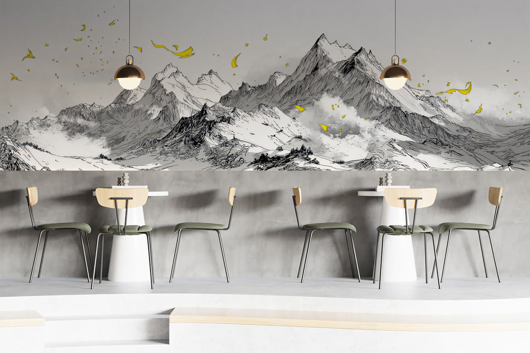 Sketch Peaks & Golden Flight Mural - Modern Minimalist Mountain Art