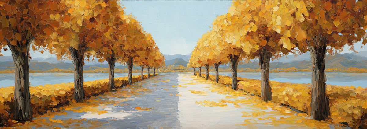Golden Lakeside Promenade Mural - Vibrant Impressionist Autumn Art