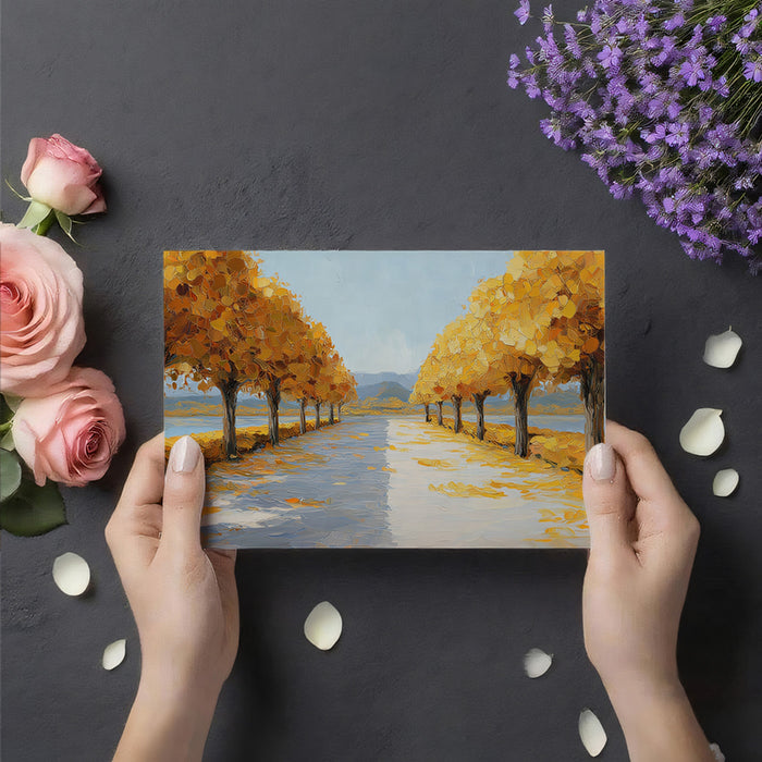 Golden Lakeside Promenade Mural - Vibrant Impressionist Autumn Art
