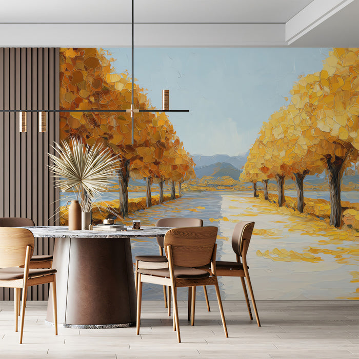 Golden Lakeside Promenade Mural - Vibrant Impressionist Autumn Art