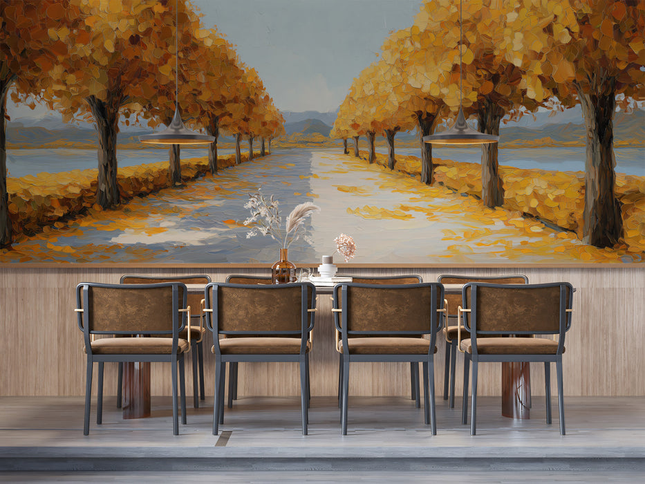 Golden Lakeside Promenade Mural - Vibrant Impressionist Autumn Art
