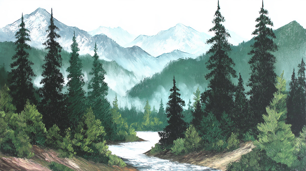 Majestic Alpine Pine Forest and River Oil Painting Wall Mural Wallpaper