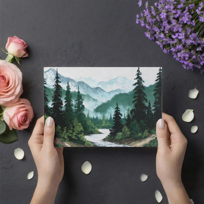 Majestic Alpine Pine Forest and River Oil Painting Wall Mural Wallpaper