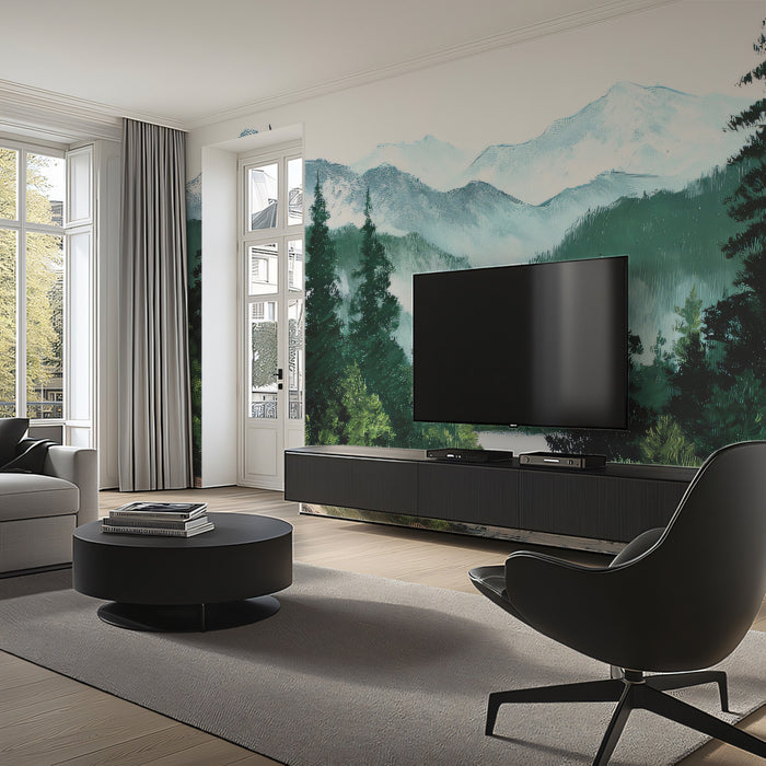 Majestic Alpine Pine Forest and River Oil Painting Wall Mural Wallpaper