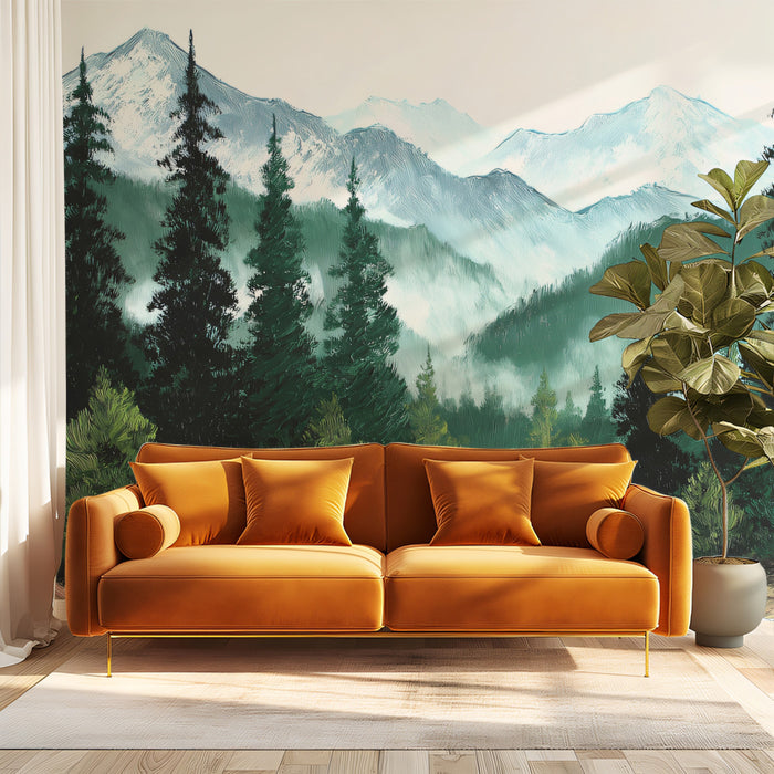 Majestic Alpine Pine Forest and River Oil Painting Wall Mural Wallpaper