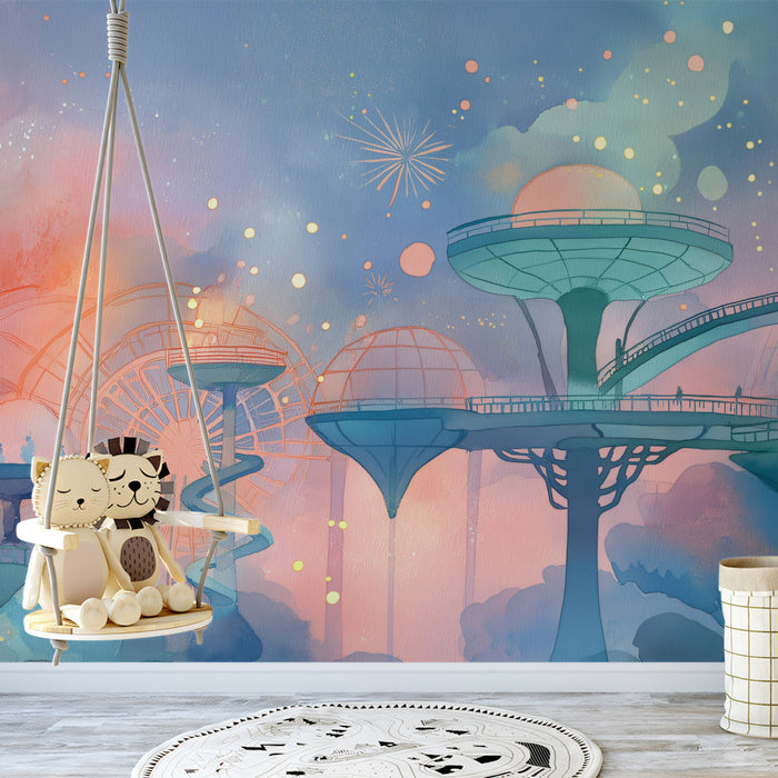 Futuristic Sky-City Mural - Dreamy Sci-Fi Watercolor Decor