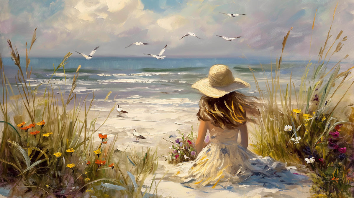 Impressionist Beach Girl and Seaside Wildflowers Wall Mural Wallpaper