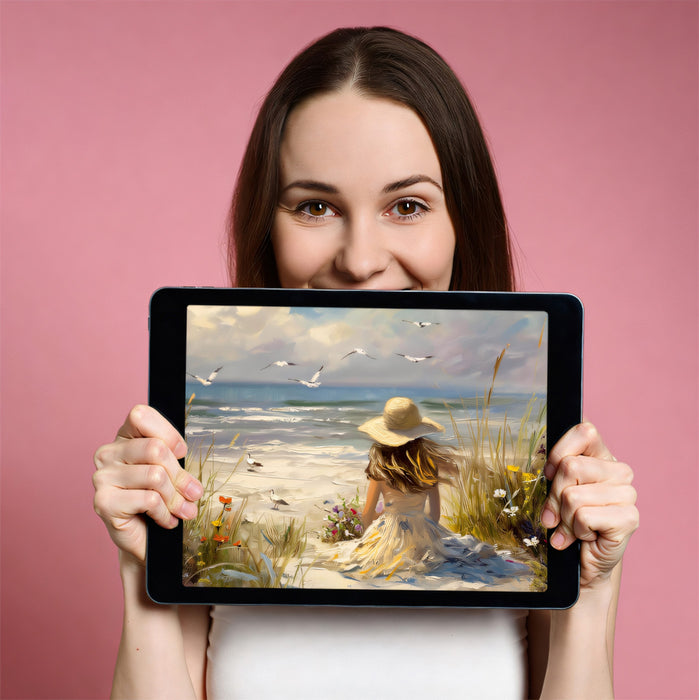 Impressionist Beach Girl and Seaside Wildflowers Wall Mural Wallpaper
