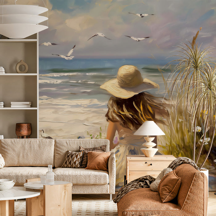 Impressionist Beach Girl and Seaside Wildflowers Wall Mural Wallpaper