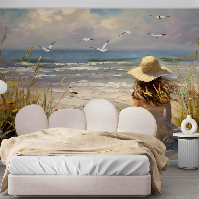Impressionist Beach Girl and Seaside Wildflowers Wall Mural Wallpaper