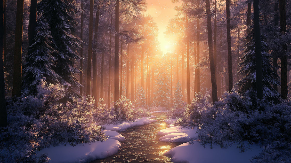 Sunset Winter Pine Forest and Frozen River Scenic Wall Mural Wallpaper