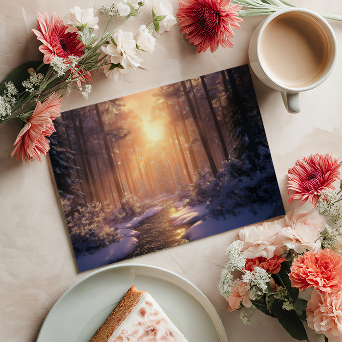 Sunset Winter Pine Forest and Frozen River Scenic Wall Mural Wallpaper