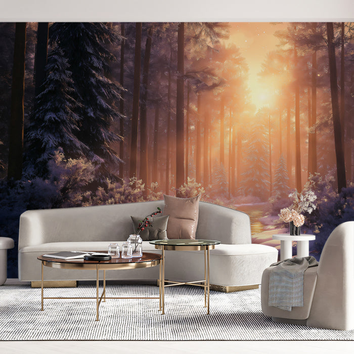 Sunset Winter Pine Forest and Frozen River Scenic Wall Mural Wallpaper