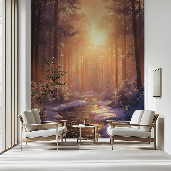 Sunset Winter Pine Forest and Frozen River Scenic Wall Mural Wallpaper