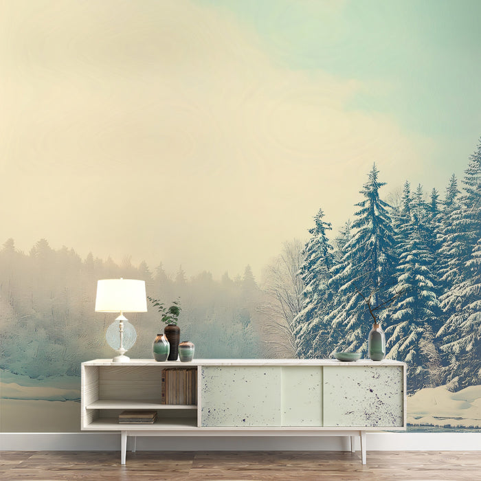 Sunny Winter Forest Panorama and Snowy Stream Wall Mural Wallpaper
