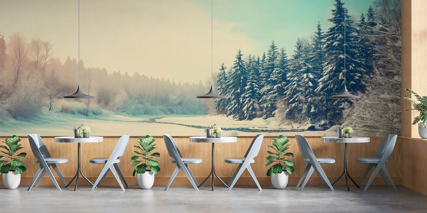 Sunny Winter Forest Panorama and Snowy Stream Wall Mural Wallpaper