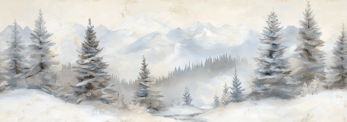 Soft White Alpine Mountains and Pine Forest Oil Painting Wall Mural