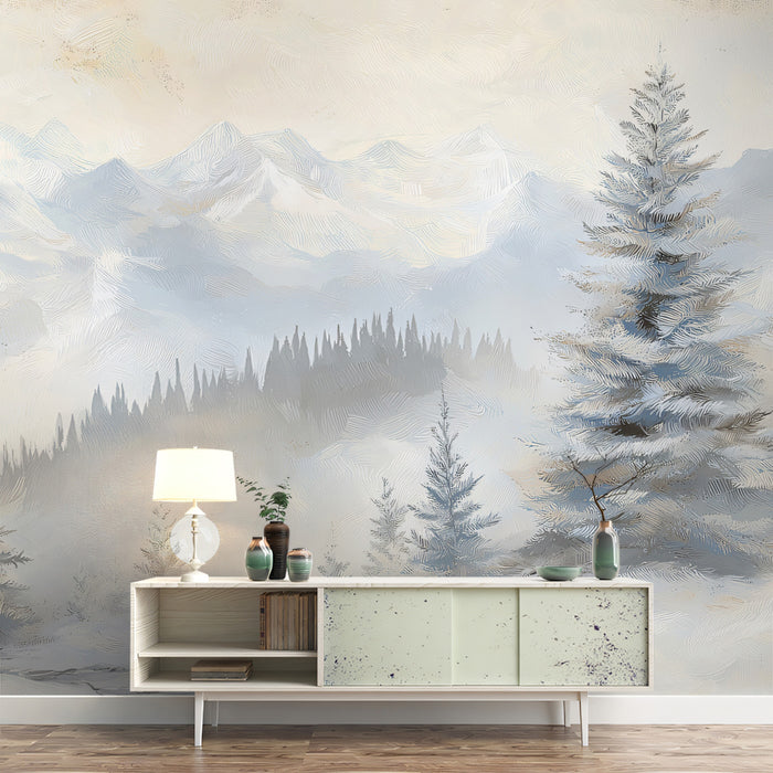 Soft White Alpine Mountains and Pine Forest Oil Painting Wall Mural