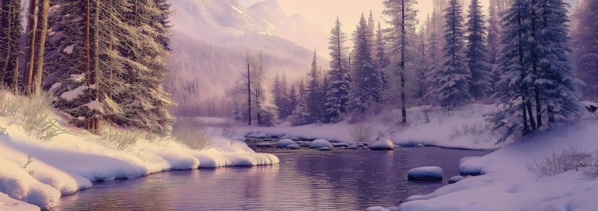 Panoramic Misty Winter Forest and Purple River Landscape Wall Mural