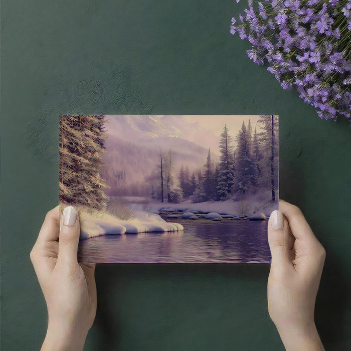 Panoramic Misty Winter Forest and Purple River Landscape Wall Mural