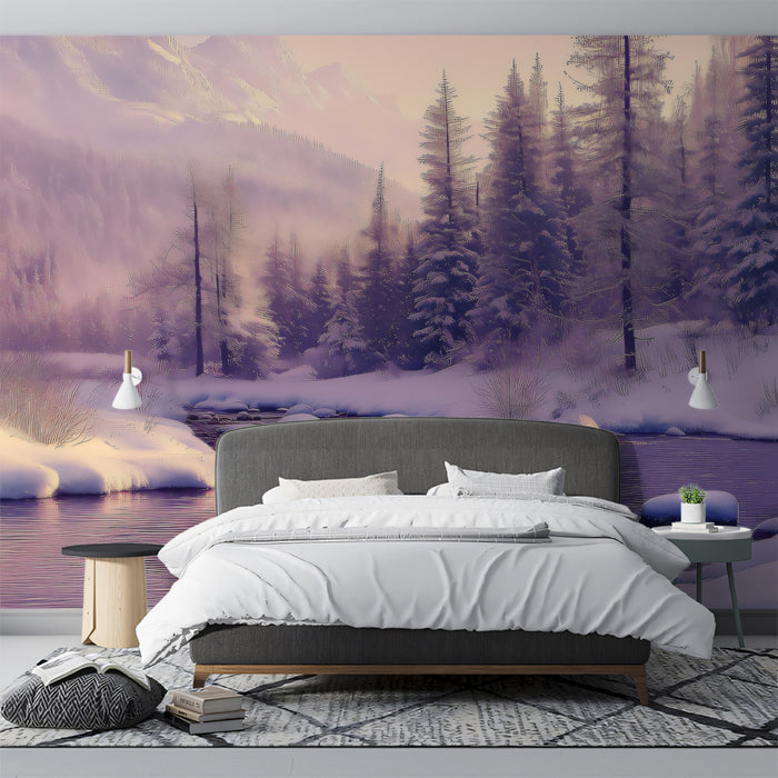 Panoramic Misty Winter Forest and Purple River Landscape Wall Mural