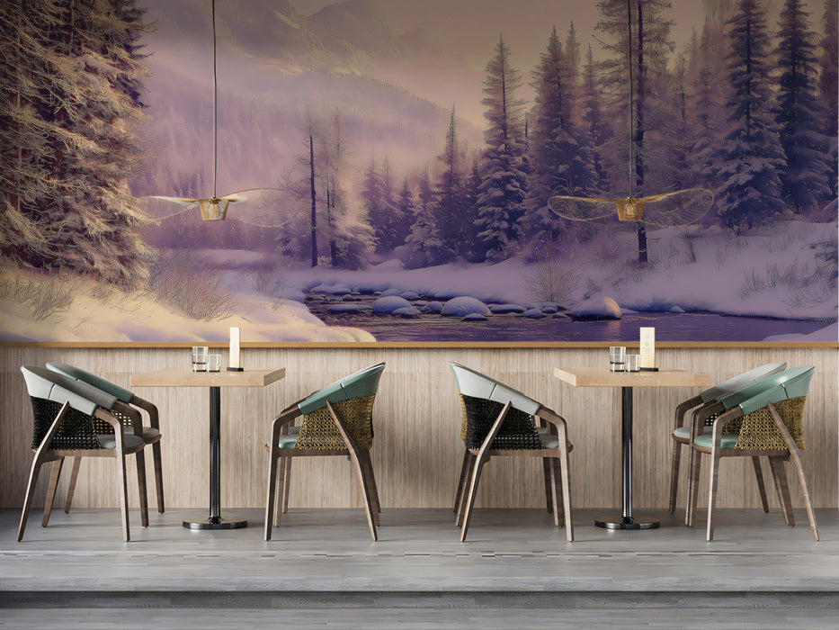 Panoramic Misty Winter Forest and Purple River Landscape Wall Mural
