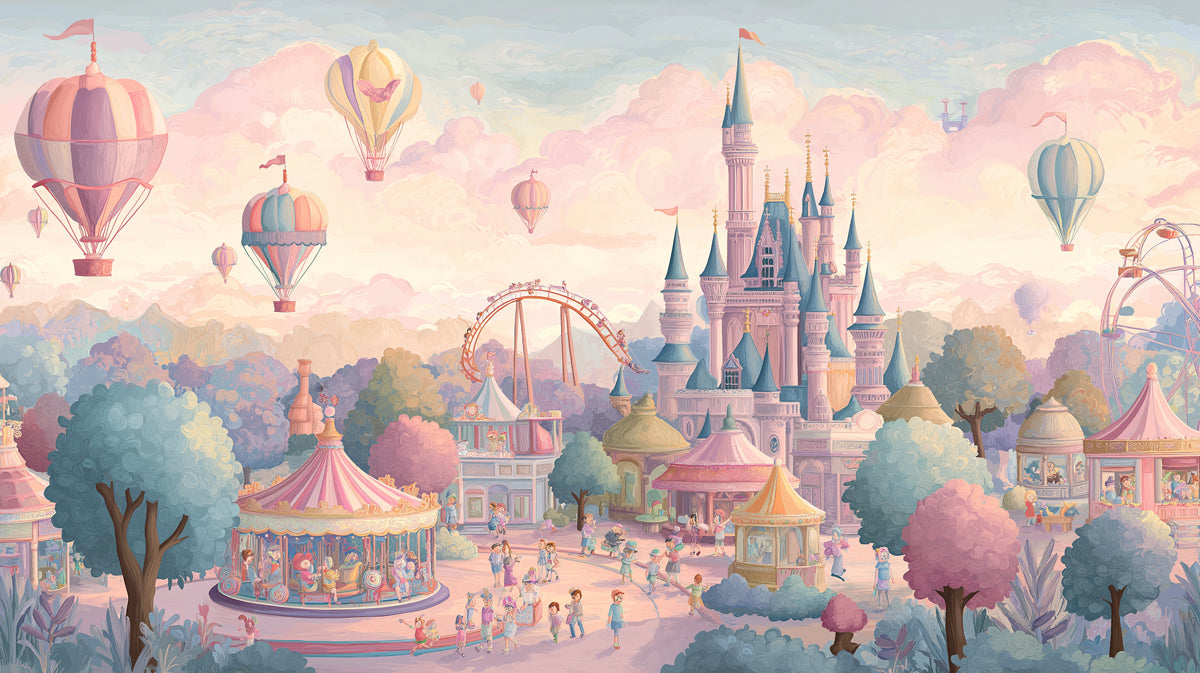 Dreamy Pastel Castle and Amusement Park Fantasy Wall Mural Wallpaper